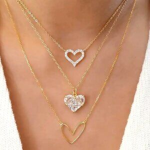 Necklace Heart Layered Chains Rhinestones Hollow Choker Love Gold Glam Trendy